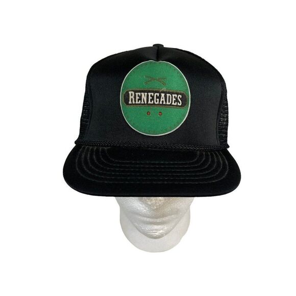 Vintage Trucker Hat Patch Black Renegades SnapBack Mesh Back Roped Retro Cap - Picture 1 of 4